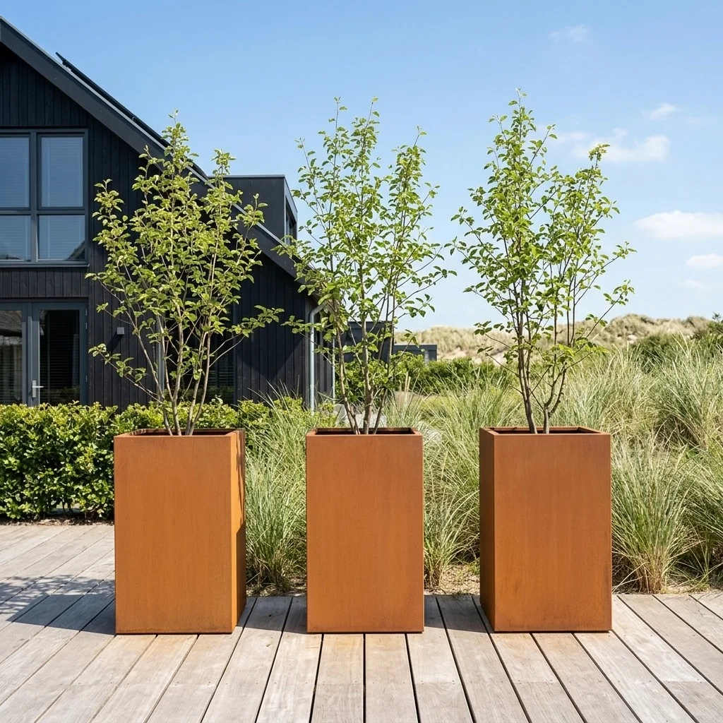 Corten steel planter - Square - 50 x 50 x 80 cm - With bottom plate - With wheels