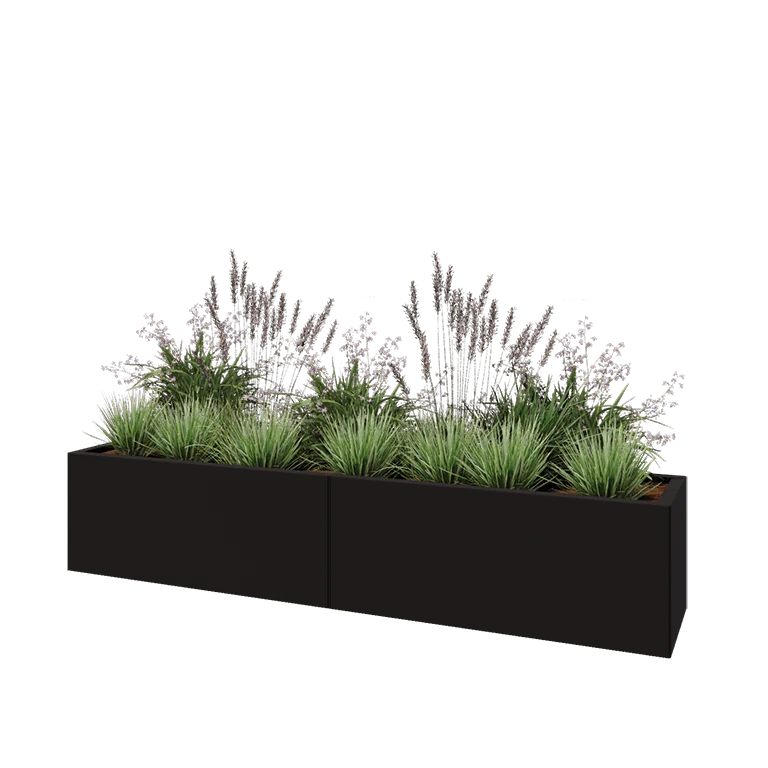 Steel planter XXL - Rectangle - 200 x 40 x 40 cm - RAL9005 matt (black) - With bottom plate