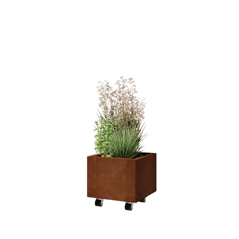 Corten steel planter - Square - 40 x 40 x 30 cm - With bottom plate - With wheels