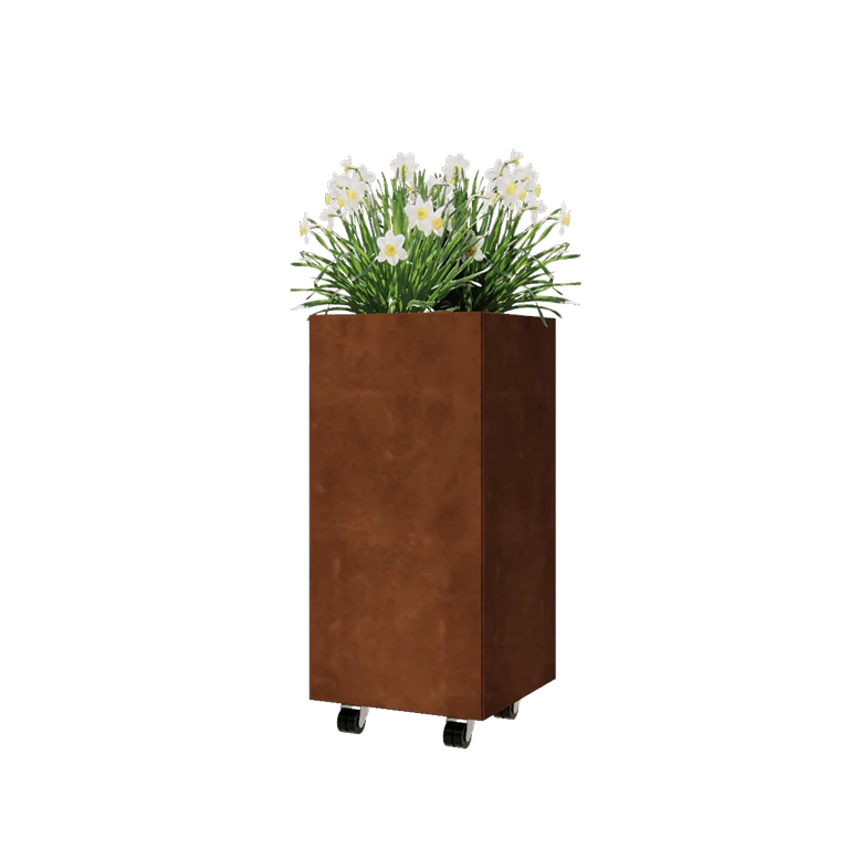 Corten steel planter - Square - 40 x 40 x 80 cm - With bottom plate - With wheels