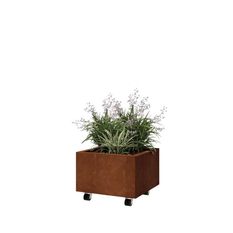 Corten steel planter - Square - 50 x 50 x 30 cm - With bottom plate - With wheels