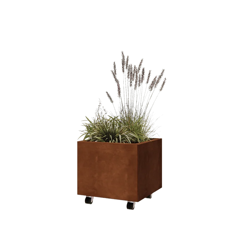 Corten steel planter - Square - 50 x 50 x 40 cm - With bottom plate - With wheels