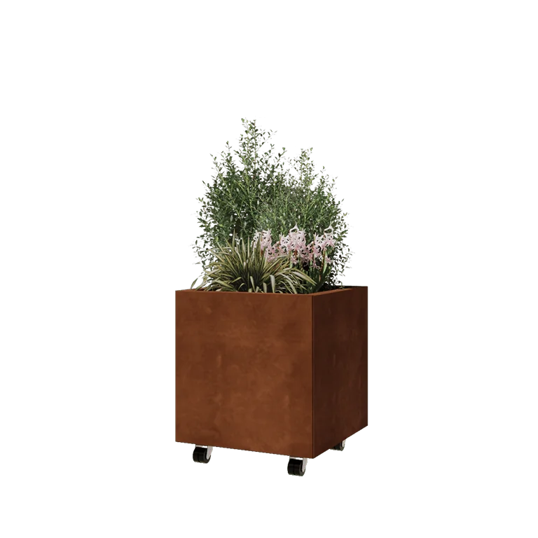 Corten steel planter - Square - 50 x 50 x 50 cm - With bottom plate - With wheels