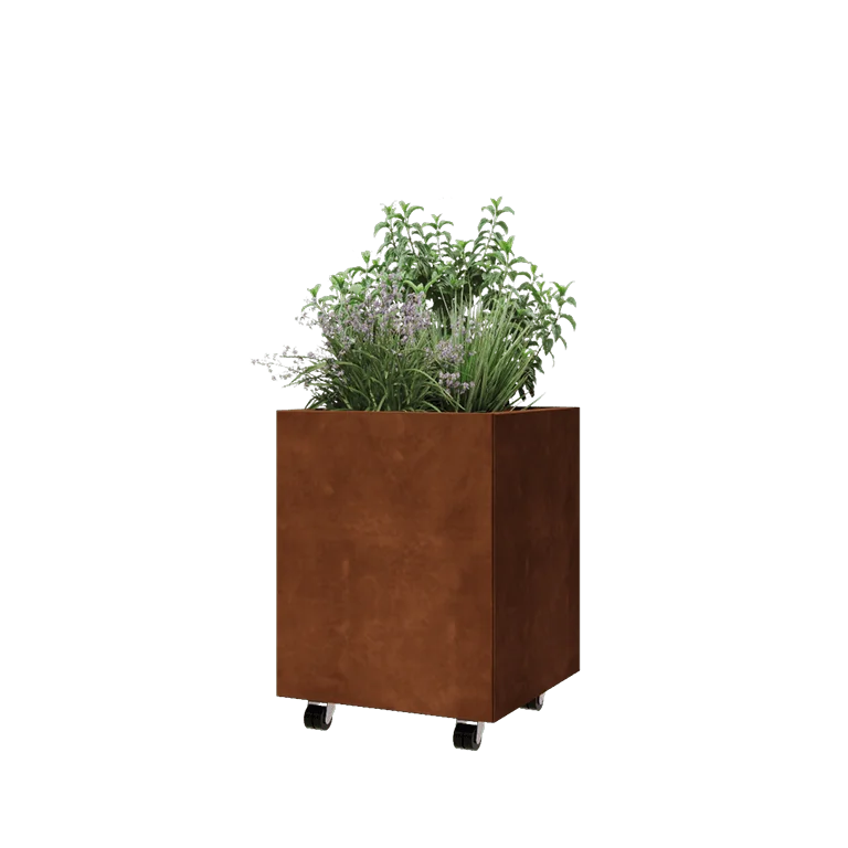 Corten steel planter - Square - 50 x 50 x 60 cm - With bottom plate - With wheels