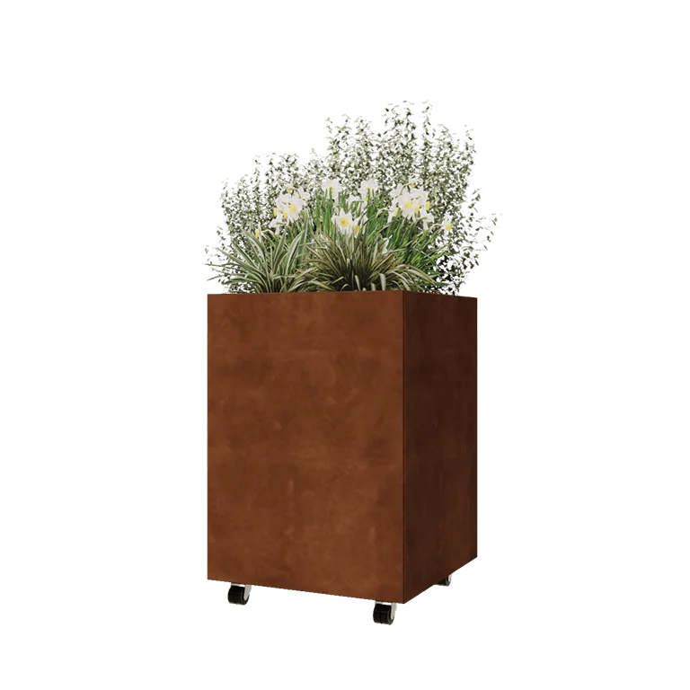 Corten steel planter - Square - 60 x 60 x 80 cm - With bottom plate - With wheels