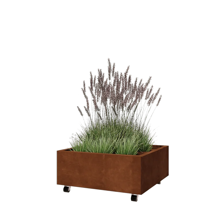 Corten steel planter - Square - 80 x 80 x 30 cm - With bottom plate - With wheels