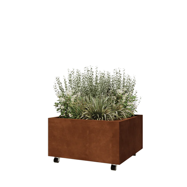 Corten steel planter - Square - 80 x 80 x 40 cm - With bottom plate - With wheels
