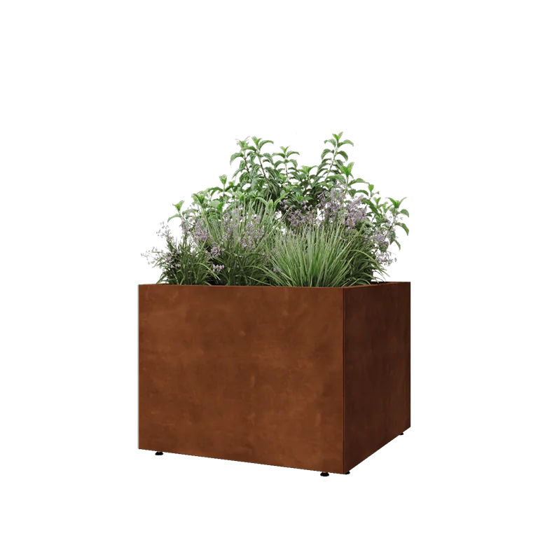 Corten steel planter - Square - 80 x 80 x 60 cm - With bottom plate - With legs