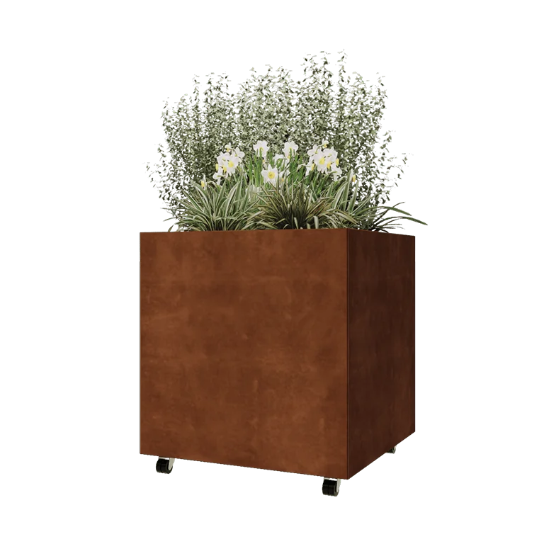 Corten steel planter - Square - 80 x 80 x 80 cm - With bottom plate - With wheels