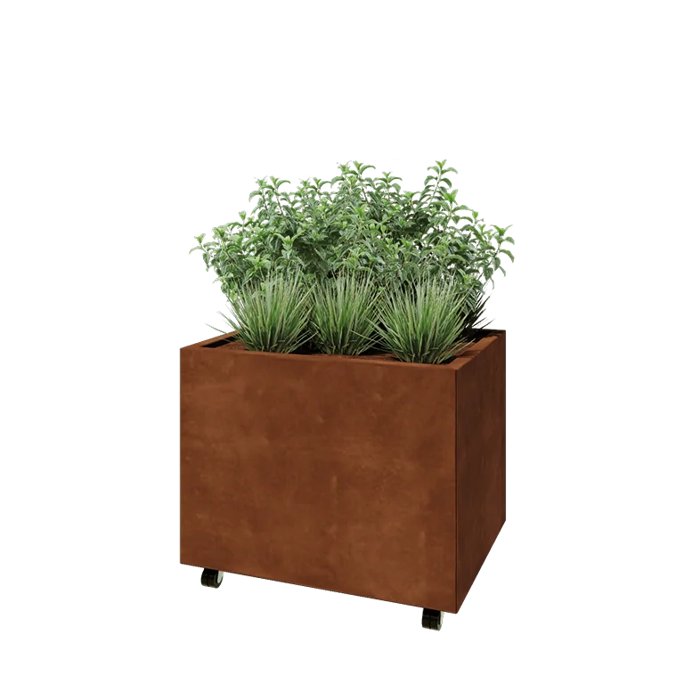 Corten steel planter - Rectangle - 80 x 60 x 60 cm - With bottom plate - With wheels