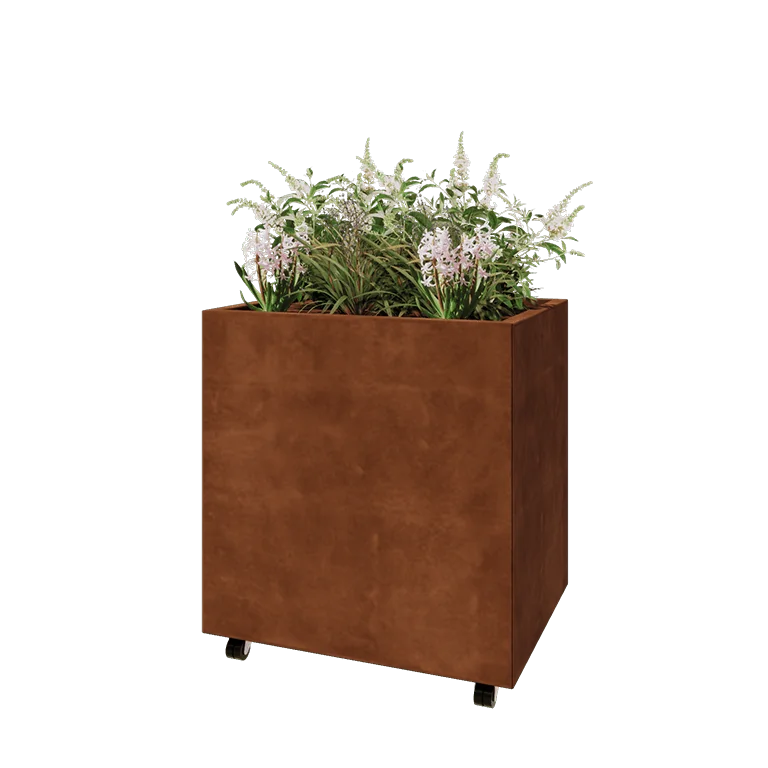 Corten steel planter - Rectangle - 80 x 60 x 80 cm - With bottom plate - With wheels