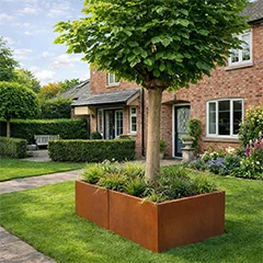 Corten steel planters in a modern garden with a warm and durable look
